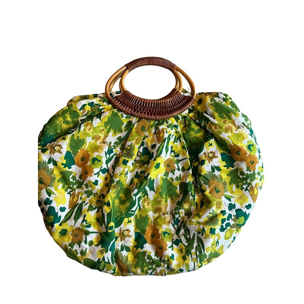 Vintage Floral Print Round Bamboo Handle Bag With Yellow Lining & Magnetic Snap
